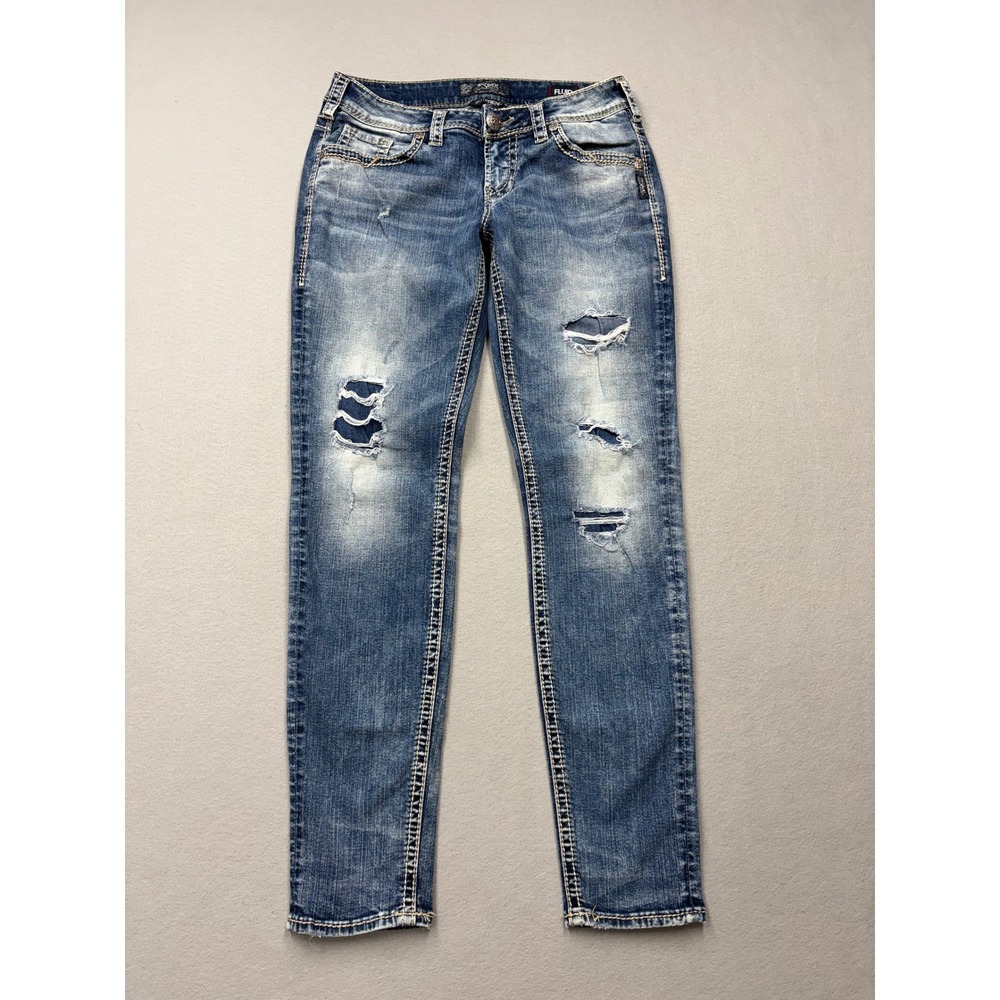 Silver Jeans Co. Boyfriend Jeans Womens 27 Blue Distressed Fluid L87101SAI246
